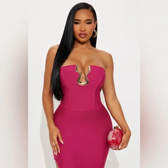 FASHIONNOVA Dark Pink Strapless Bandage Maxi Fitted Scalloped Side Slit Dress - Picture 2 of 3